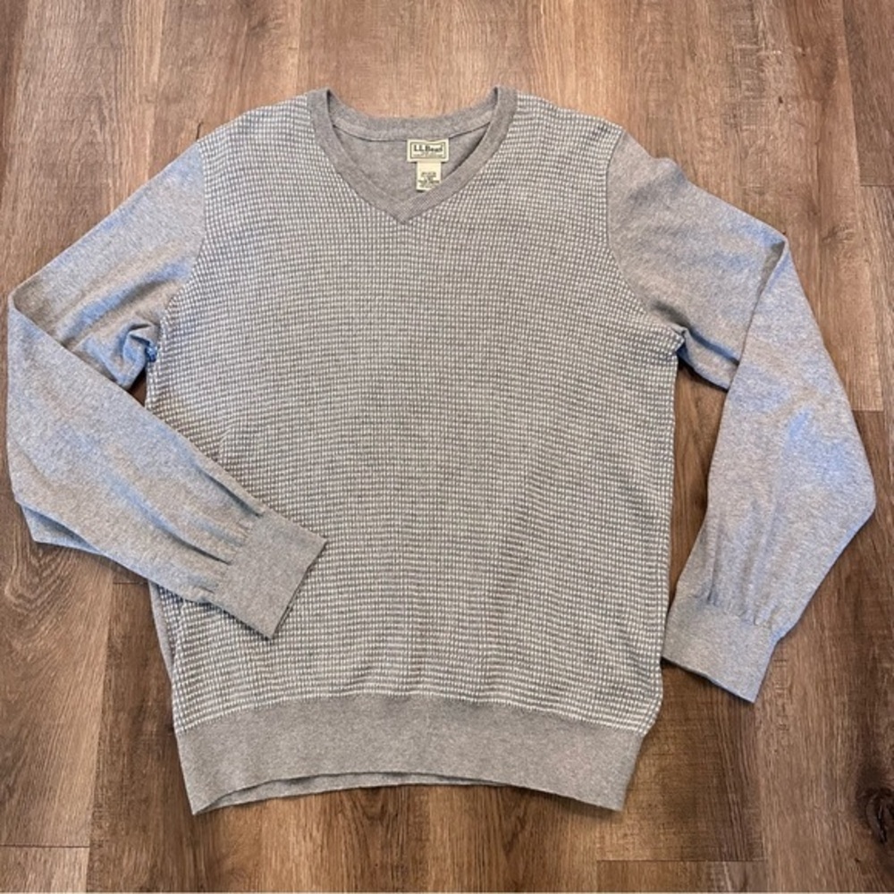 LL‎ BEAN Men's Sweater V Neck Grey Cotton Cashmere Blend Size Large ￼